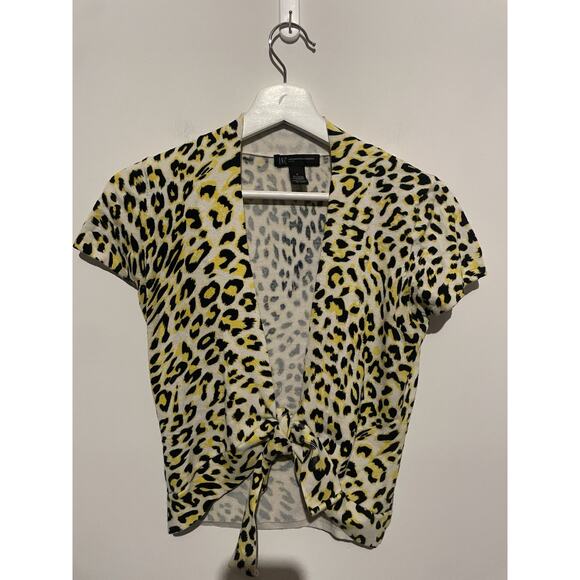 INC International Concept Yellow Black Leopard Short Sleeve Tie Shrug Cardigan P - Picture 1 of 6